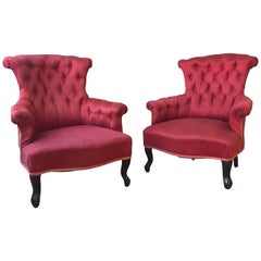 Antique Pair of French Upholstered Armchairs in Red Fabric