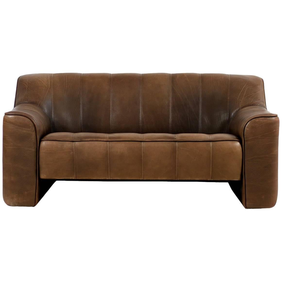 1970s Vintage De Sede DS 44 Two-Seat Sofa Brown Dark Cognac Buffalo Leather