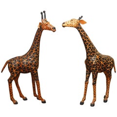 Vintage Pair of Painted Leather Giraffe Sculptures
