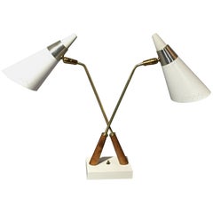 American Modern 1950s Double Shade Lamp, Brass, Chrome, Wood