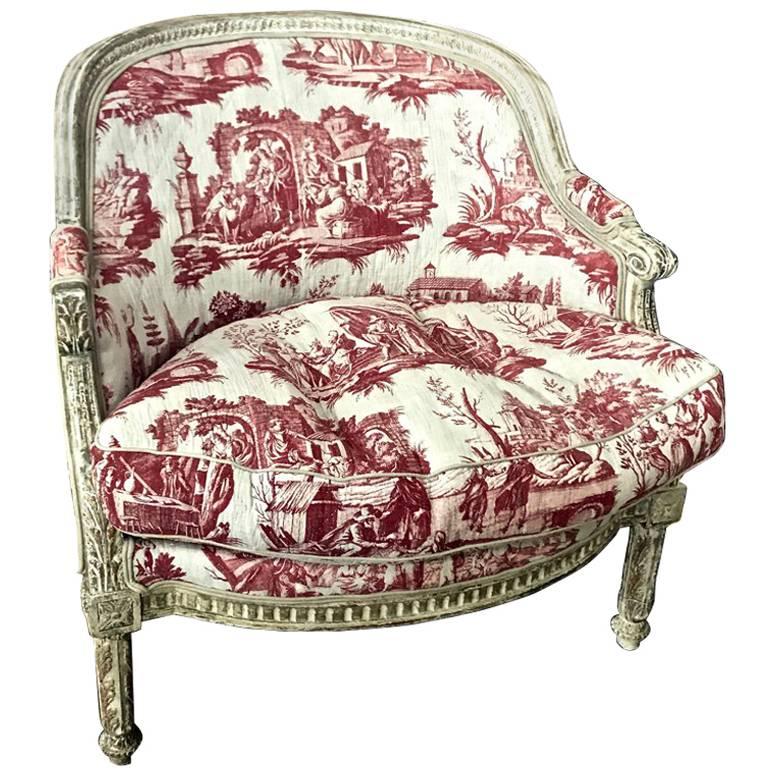  Louis XVI 18th c. French Painted Bergere in Early 19th Century Toile