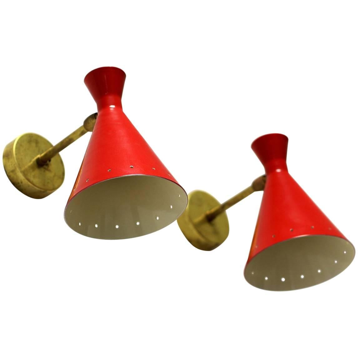 Pair of Adjustable Italian Metal and Brass 'Red Lights' Sconces, Wall Lamps