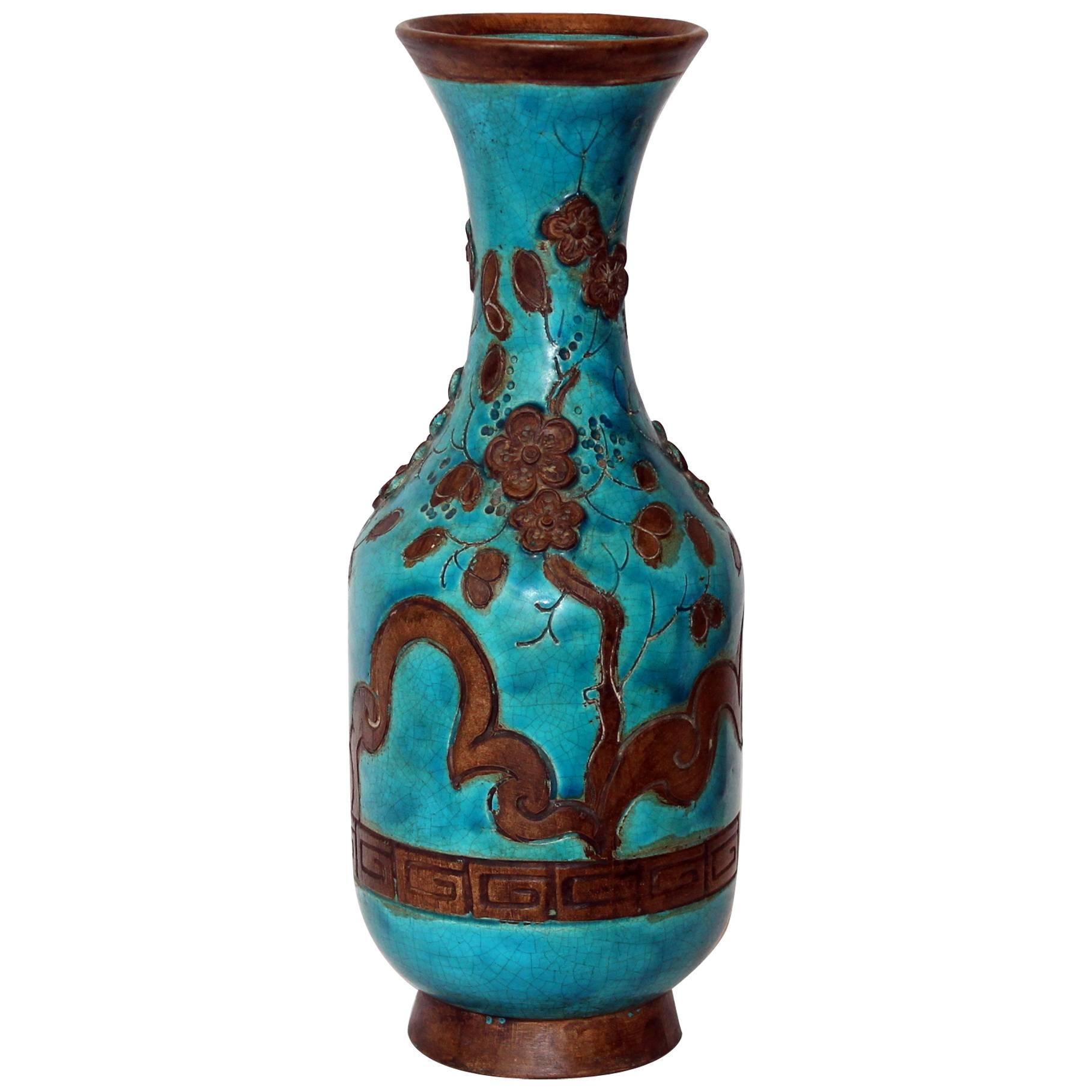 Vintage Turquoise Zaccagnini Italian Art Pottery Vase with Asian Motif