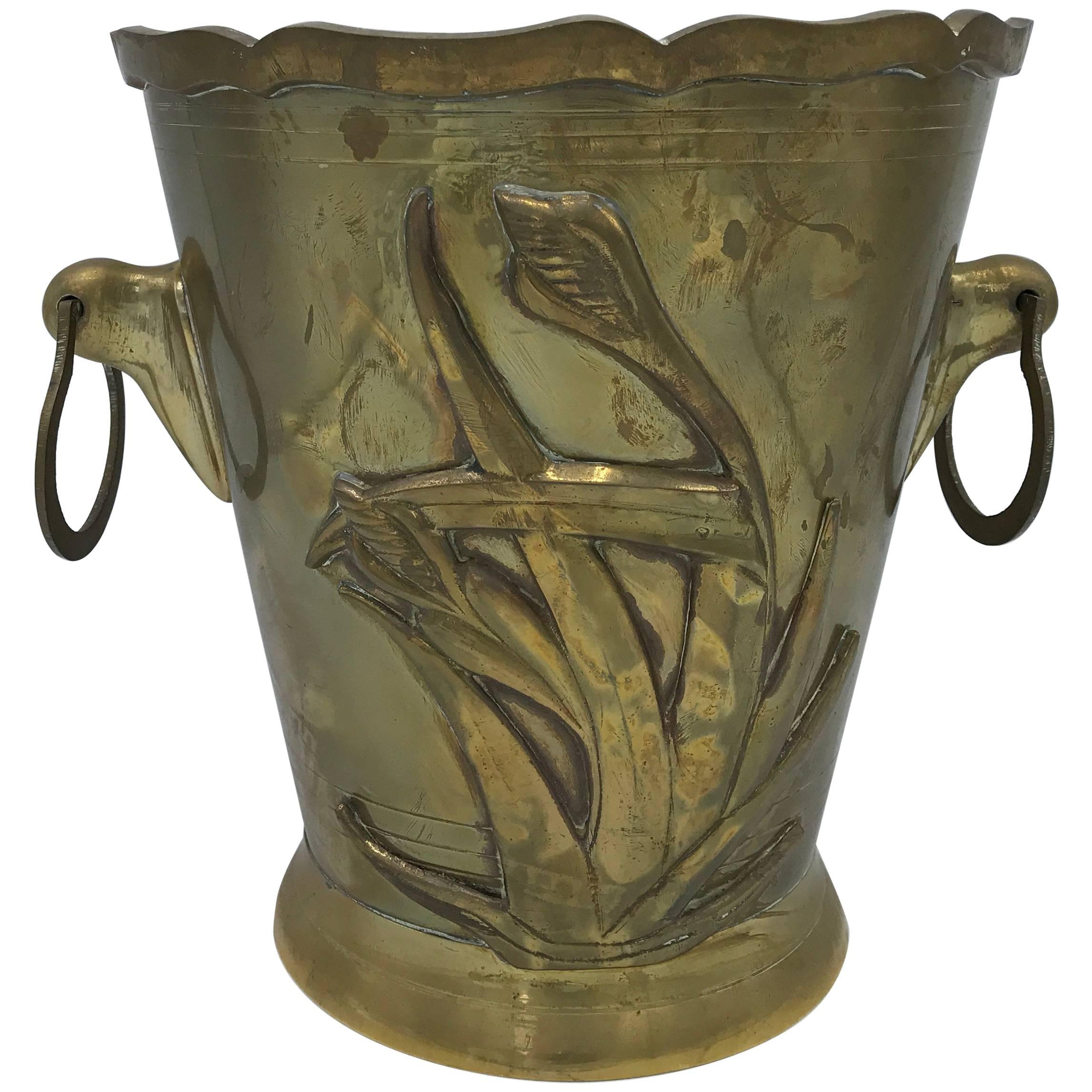 1970s Brass Waste Basket with Tulip Floral Motif and Handles