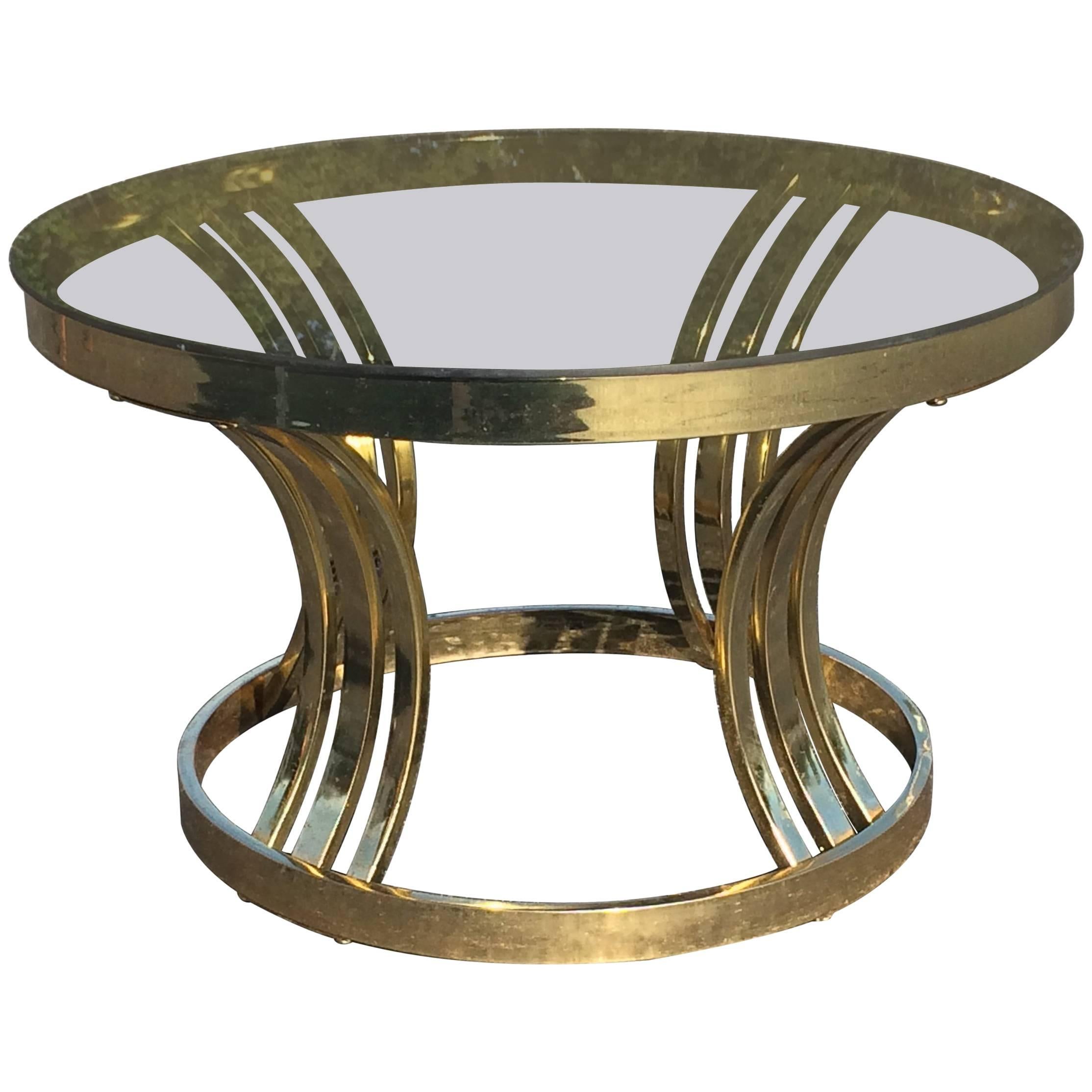 Mid-Century Brass and Smoked Glass Round Coffee Table by Milo Baughman