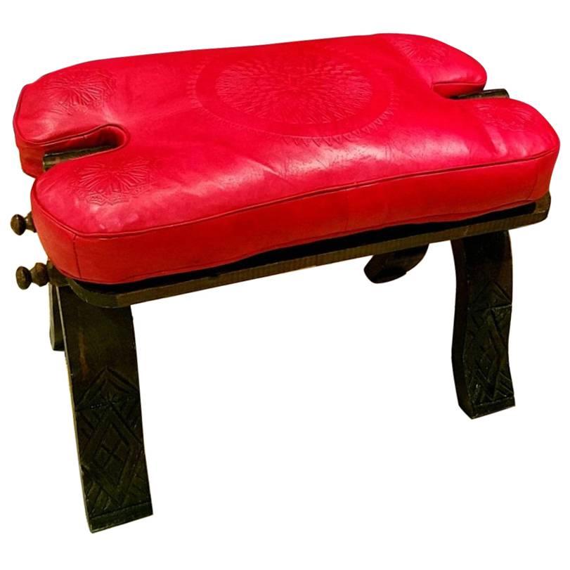 Handmade Moroccan Camel Saddle, All Red Cushion