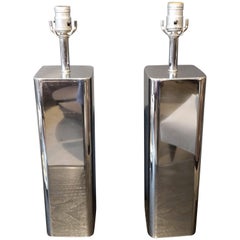 Handsome Pair of Modern Polished Chrome Table Lamps, 1970s