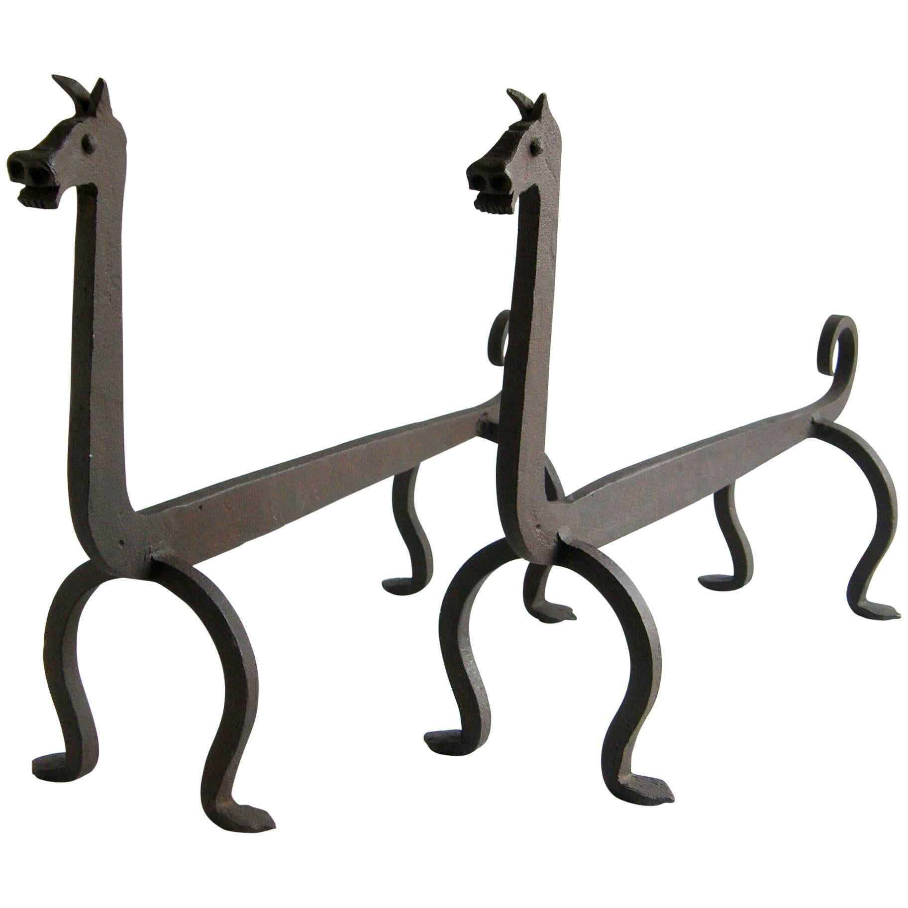 Figural Wrought Iron Fire Dog Andirons