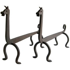 Vintage Figural Wrought Iron Fire Dog Andirons