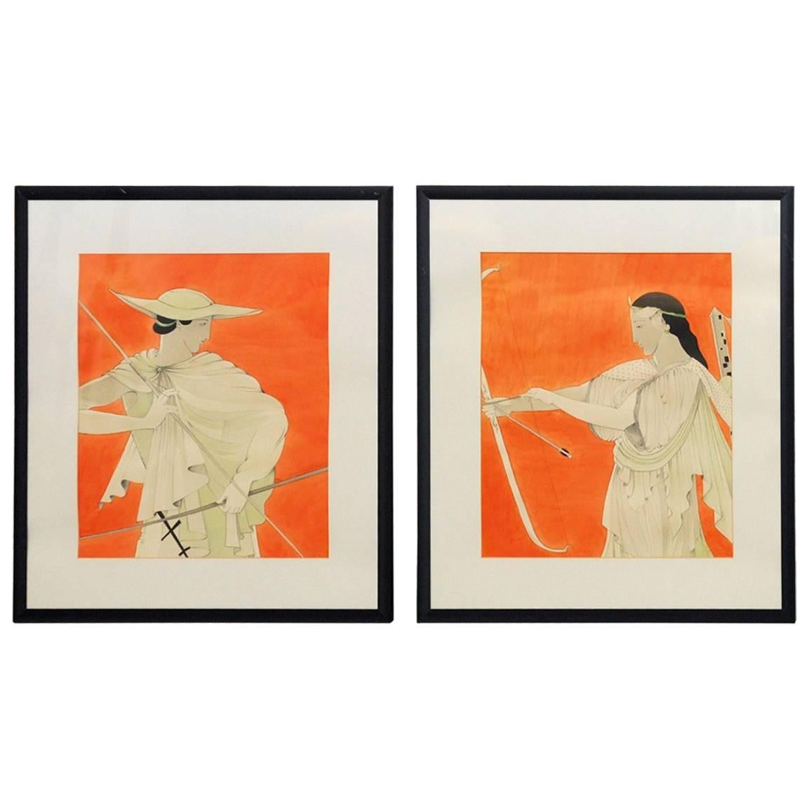 Pair of Watercolor Greco Roman Figures by J.E. Peters, circa 1935