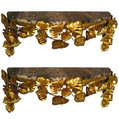 Pair of Gilt Metal Leaf with Black Portoro Marble Console Shelves