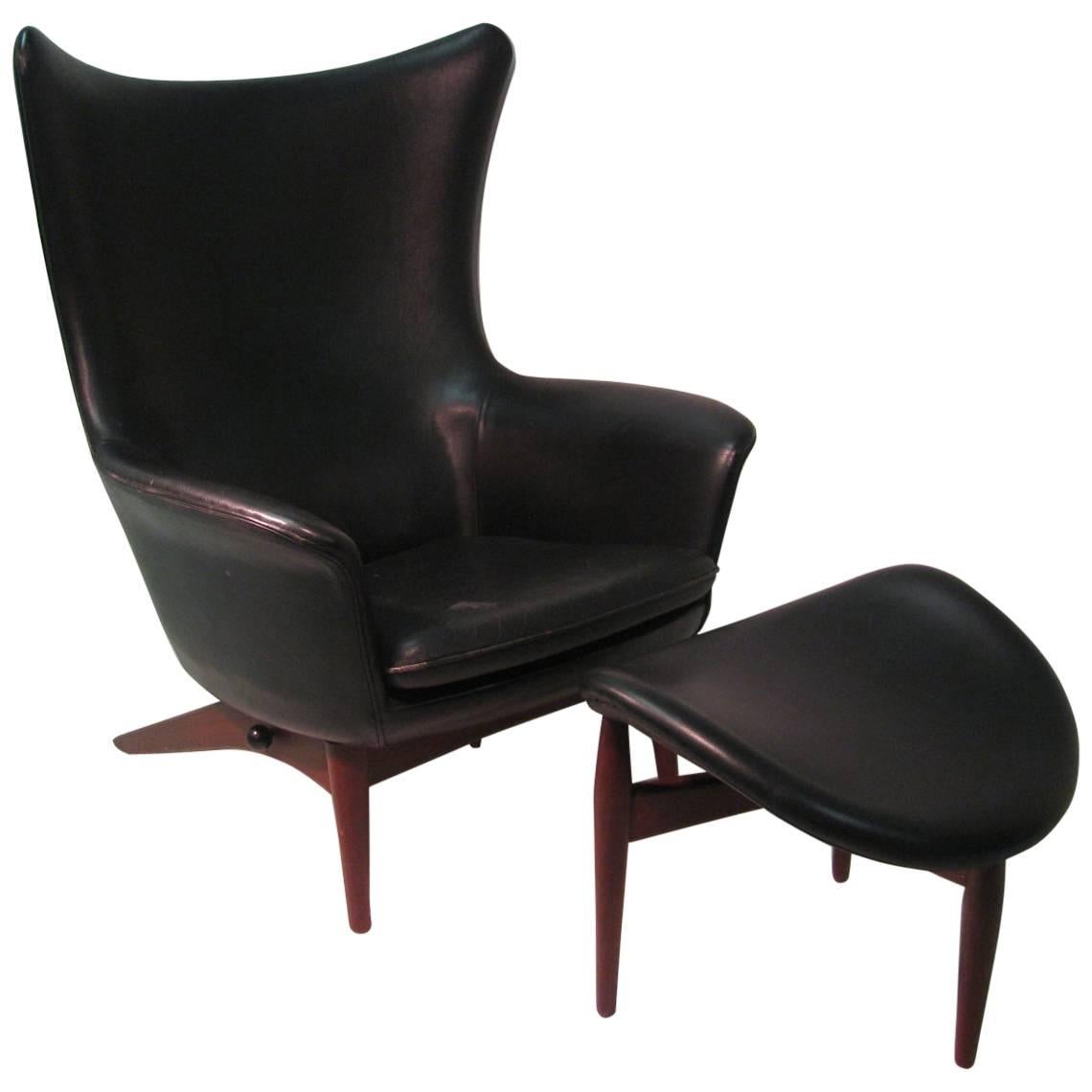 H. W. Klein Mid-Century Modern Reclining Leather Lounge Chair with Ottoman