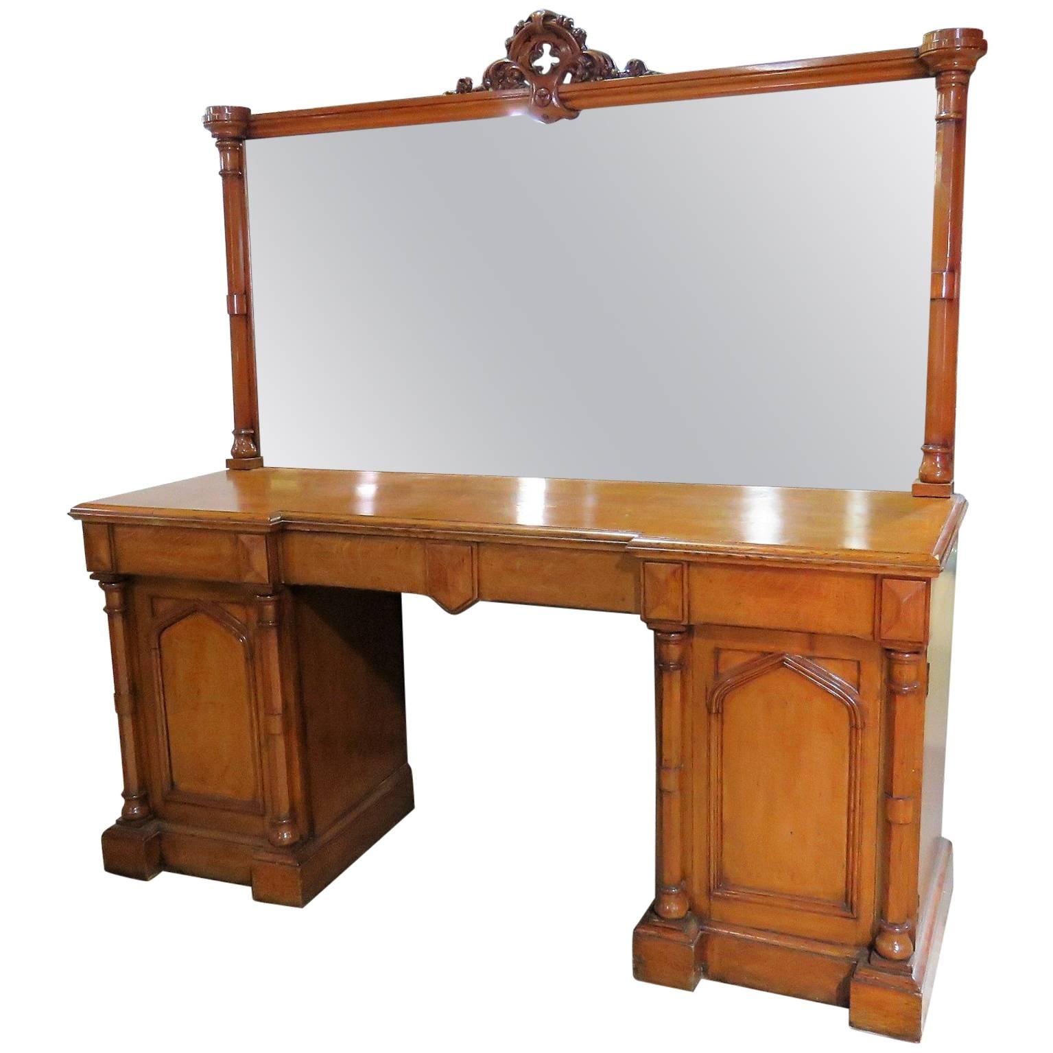English Gothic Victorian Style Oak Sideboard Huntboard with Mirror