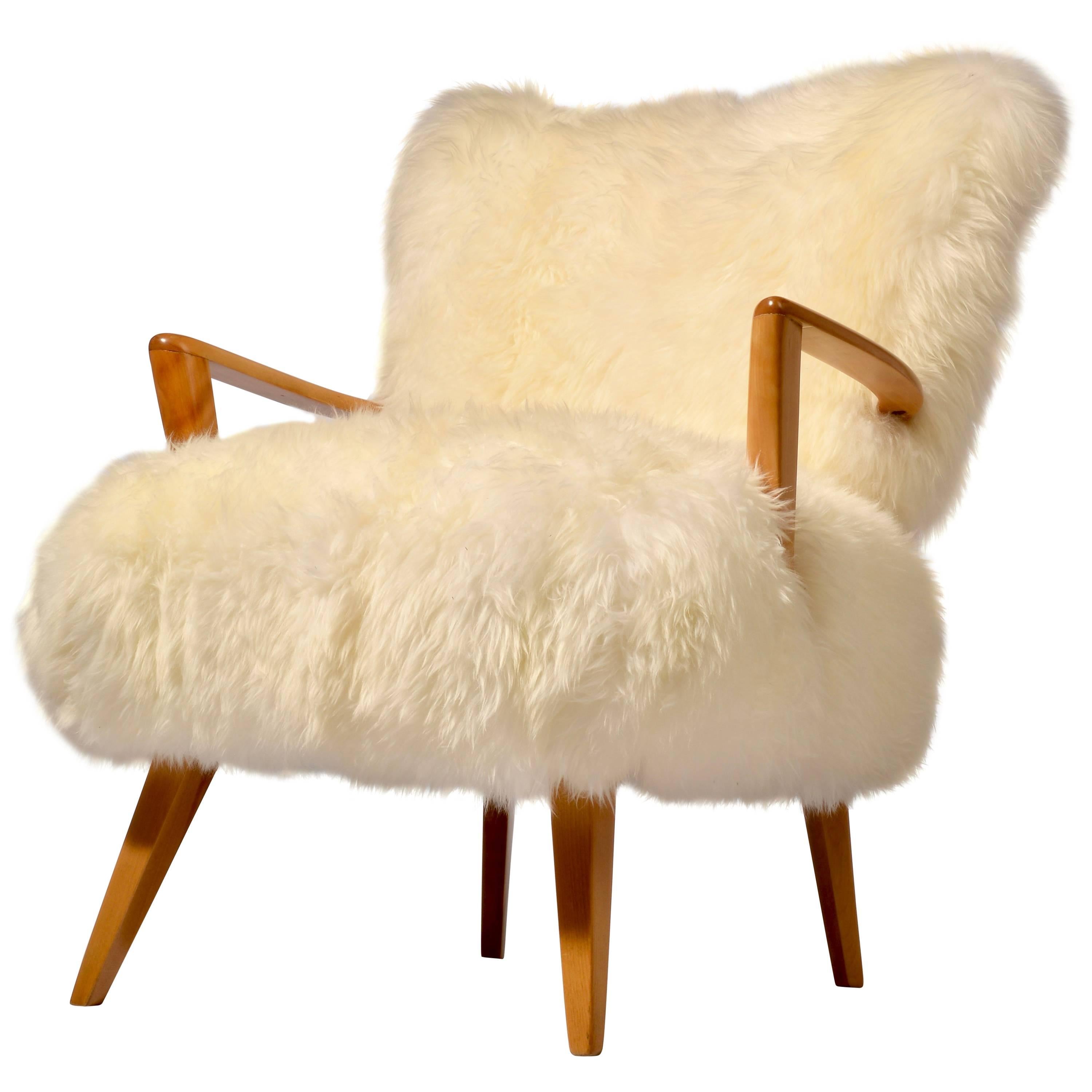 Sheepskin and Maple Heywood Wakefield Lounge Chair
