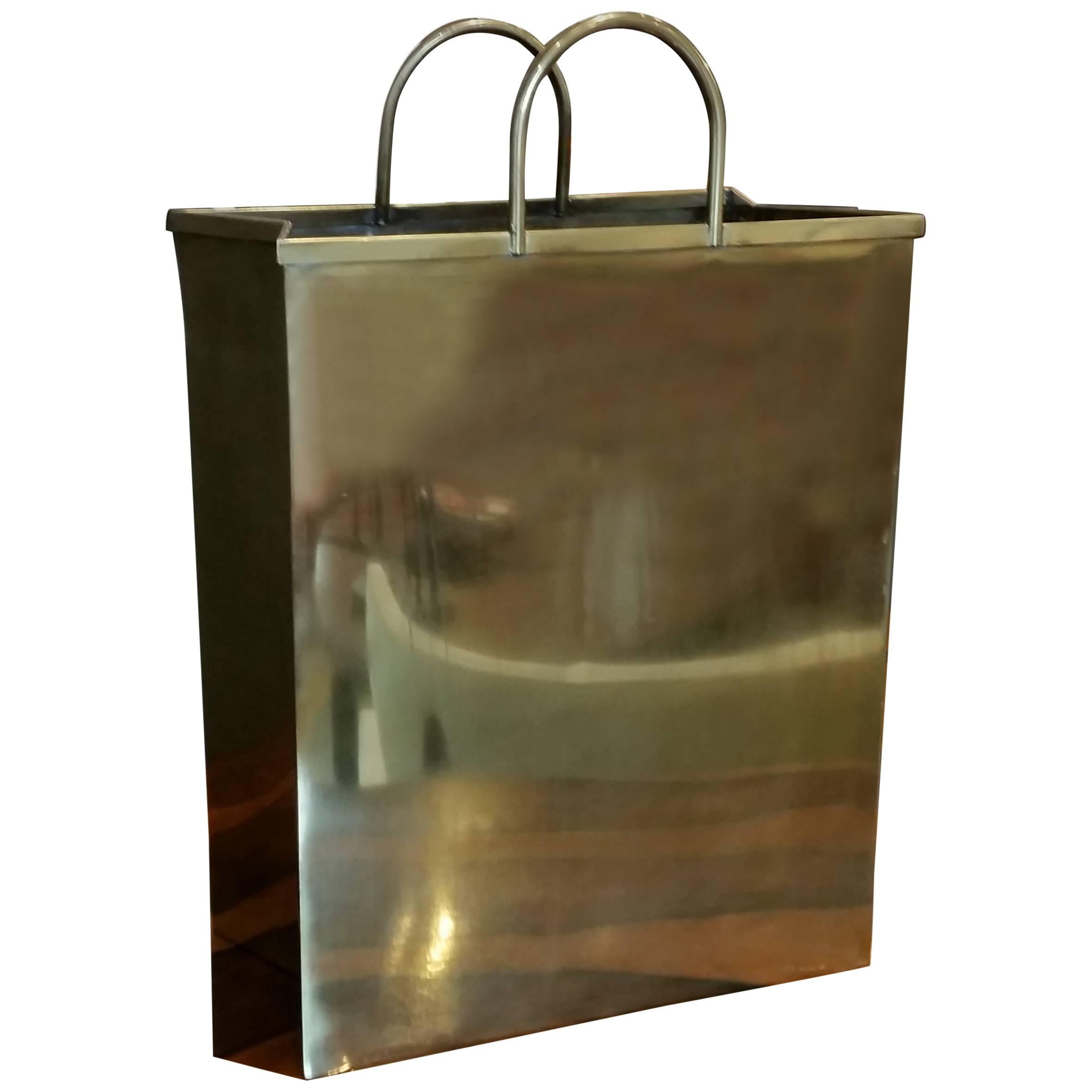 Glam Brushed Brass Shopping Bag Umbrella Stand by Sarreid, Ltd. Spain, 1970s