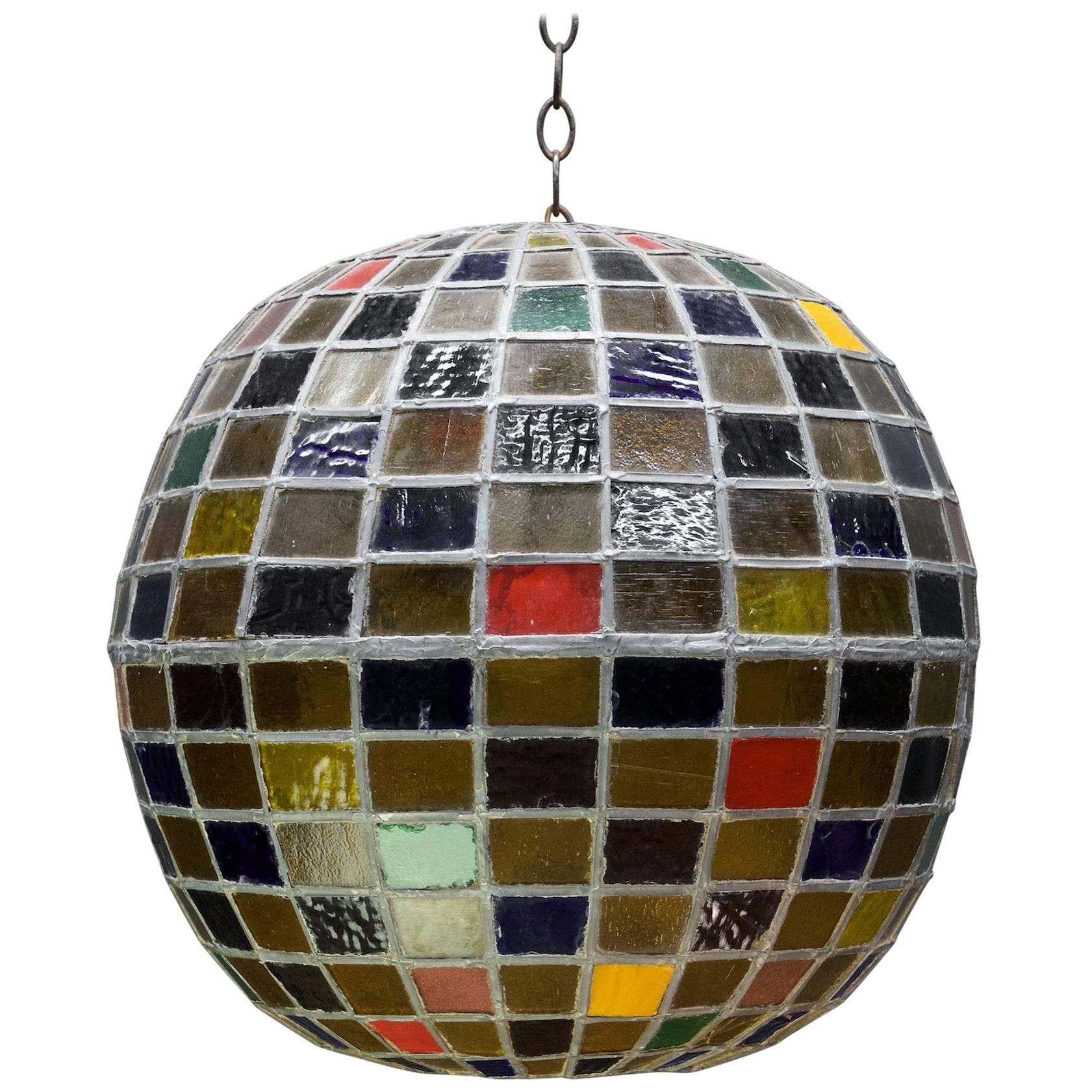 1950s Massive Bohemian Stained Lead Glass Entryway Pendant Lantern Globe