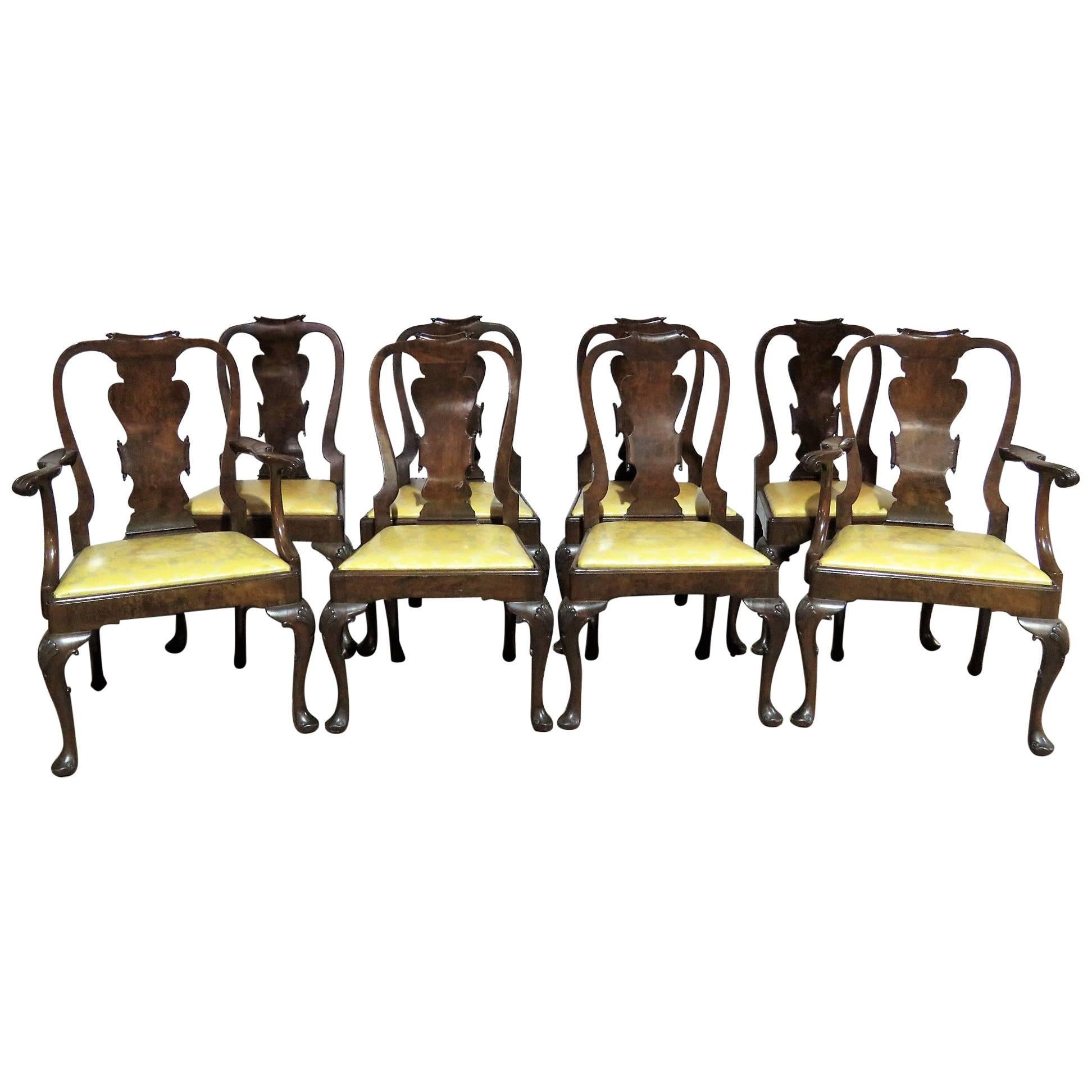 Eight Georgian Style Burl Walnut Dining Chairs