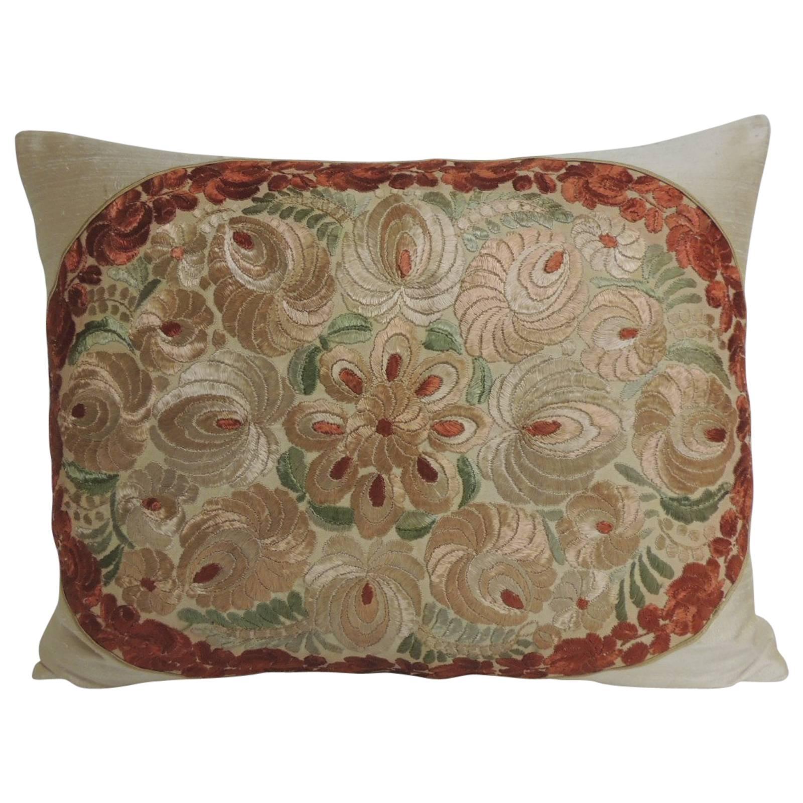 19th Century Orange and Red Silk Embroidery Floral Bolster Decorative Pillow
