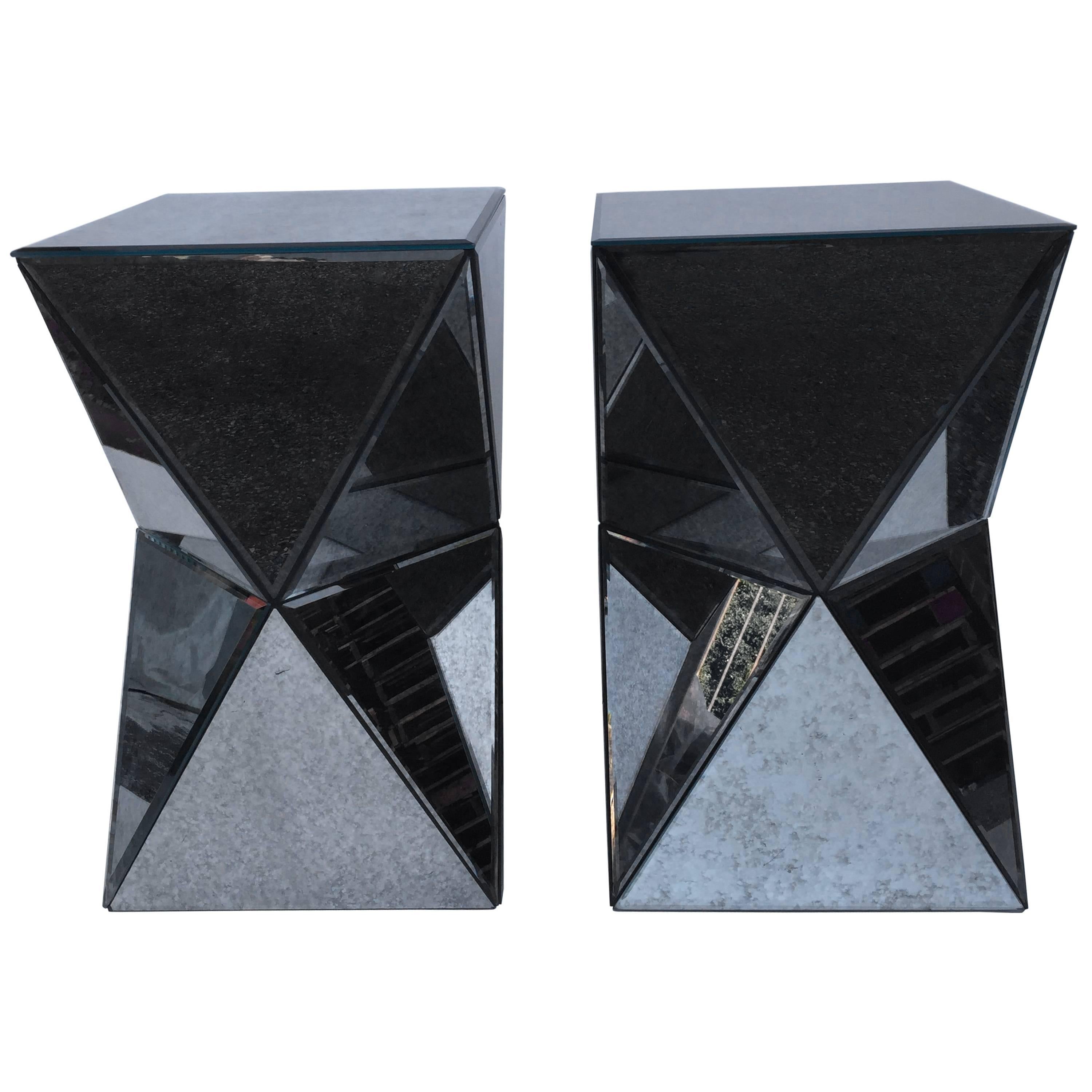 Petit Pair of Polyhedron Mirror End Tables For Sale