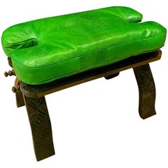 Handmade Moroccan Camel Saddle, Lime Green Leather Cushion