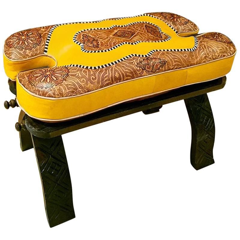 Handmade Moroccan Camel Saddle, Mustard and Tan Leather Cushion For Sale