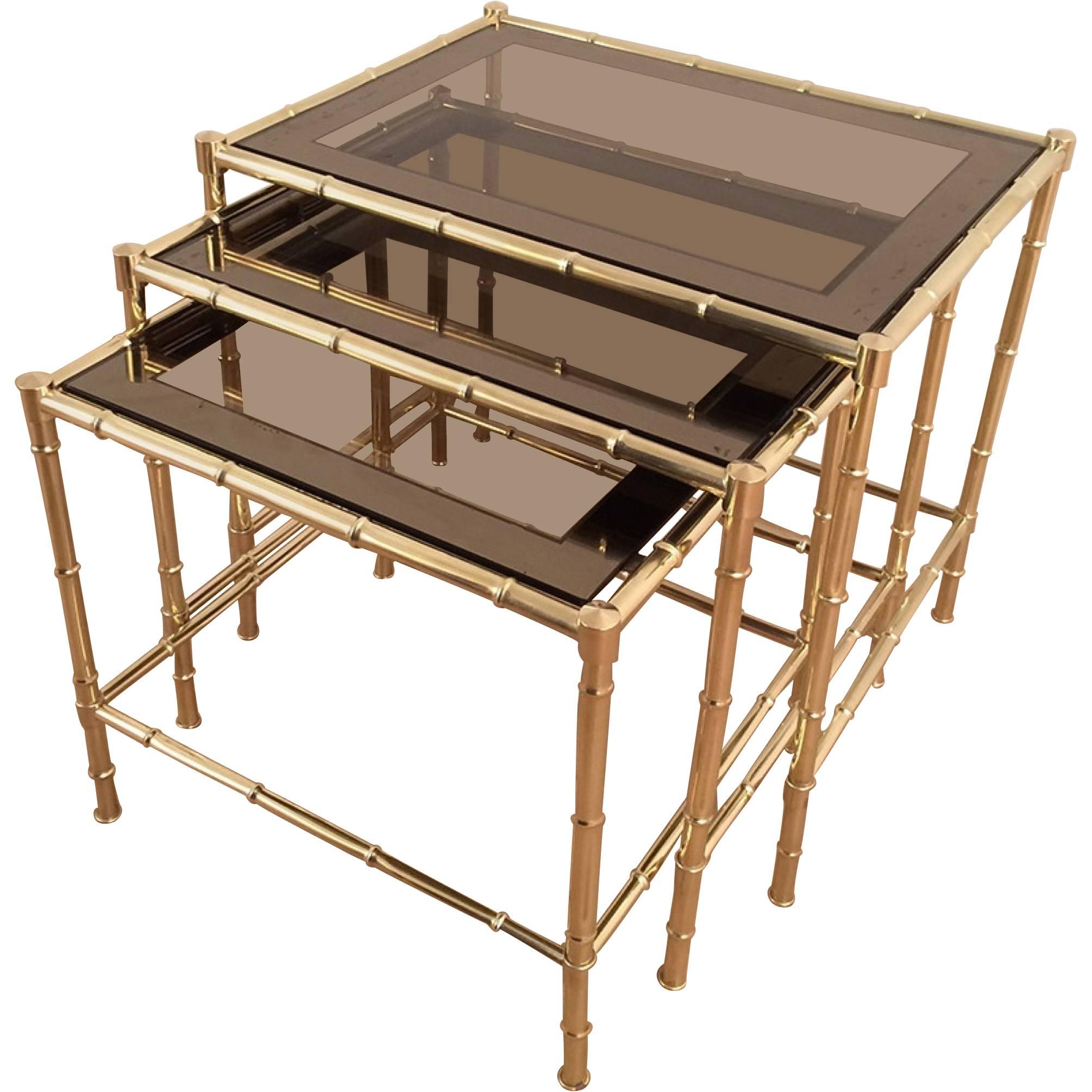 Set of Three Faux-Bamboo Brass Nesting Tables in the Style of Jacques Adnet