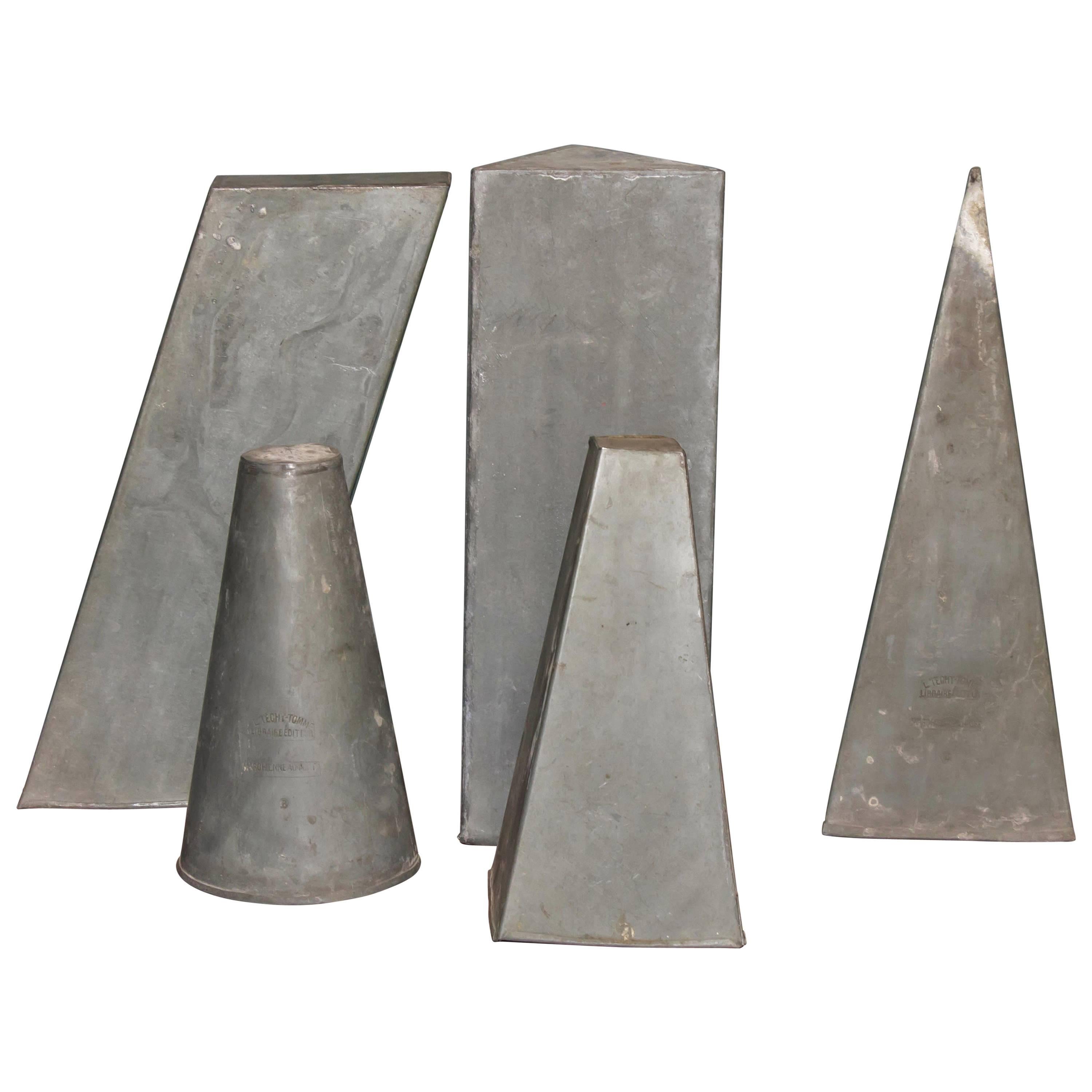 Set of Five, Belgian Didactic Geometric Zinc Forms, Circa 1940