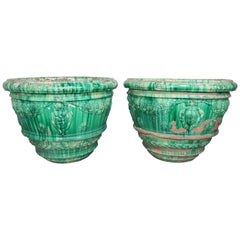 Pair of Monumental Size Italian Terra Cotta Glazed Green Planters