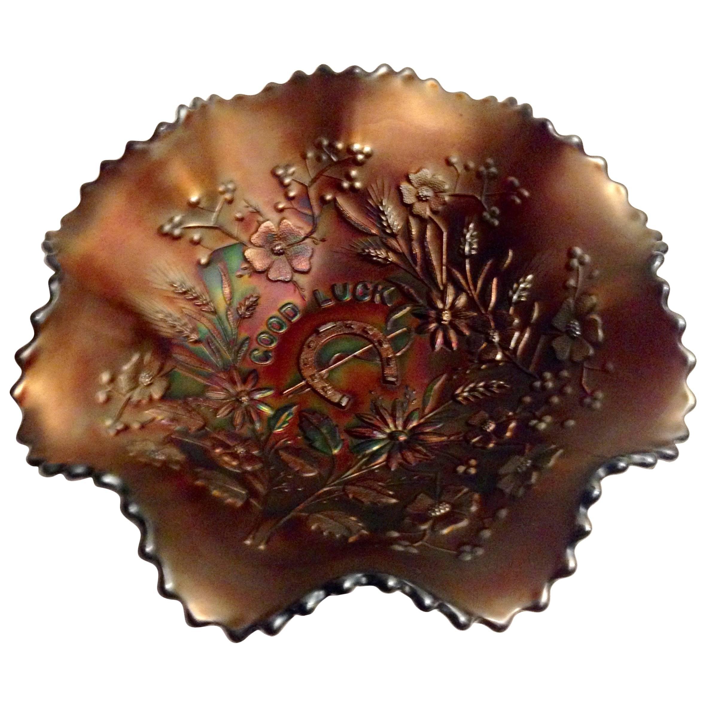 1930'S American Blown Art Glass "Good Luck" Ruffle Bowl By, Northwood For Sale