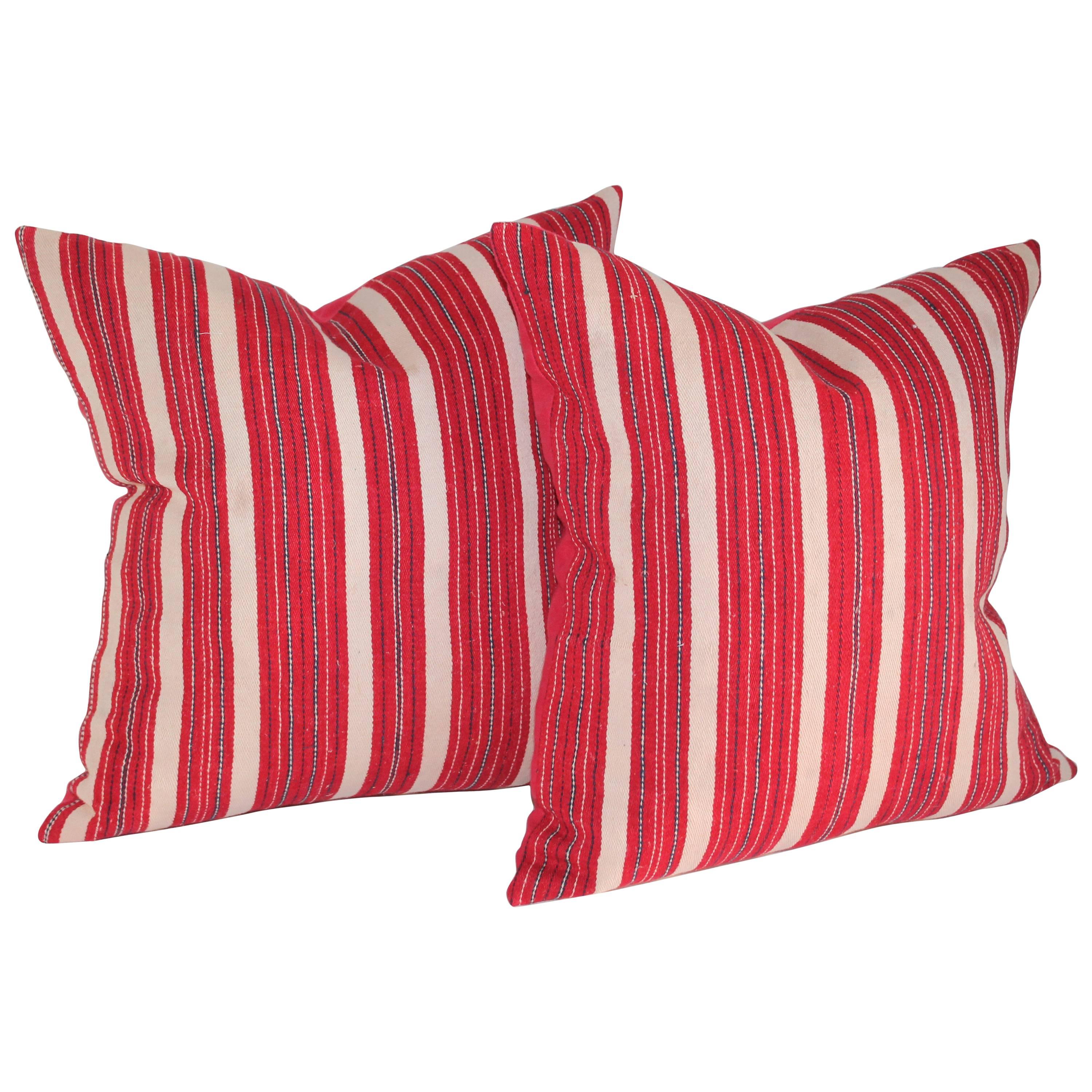 Red Ticking 19th Century Pillows, Pair For Sale