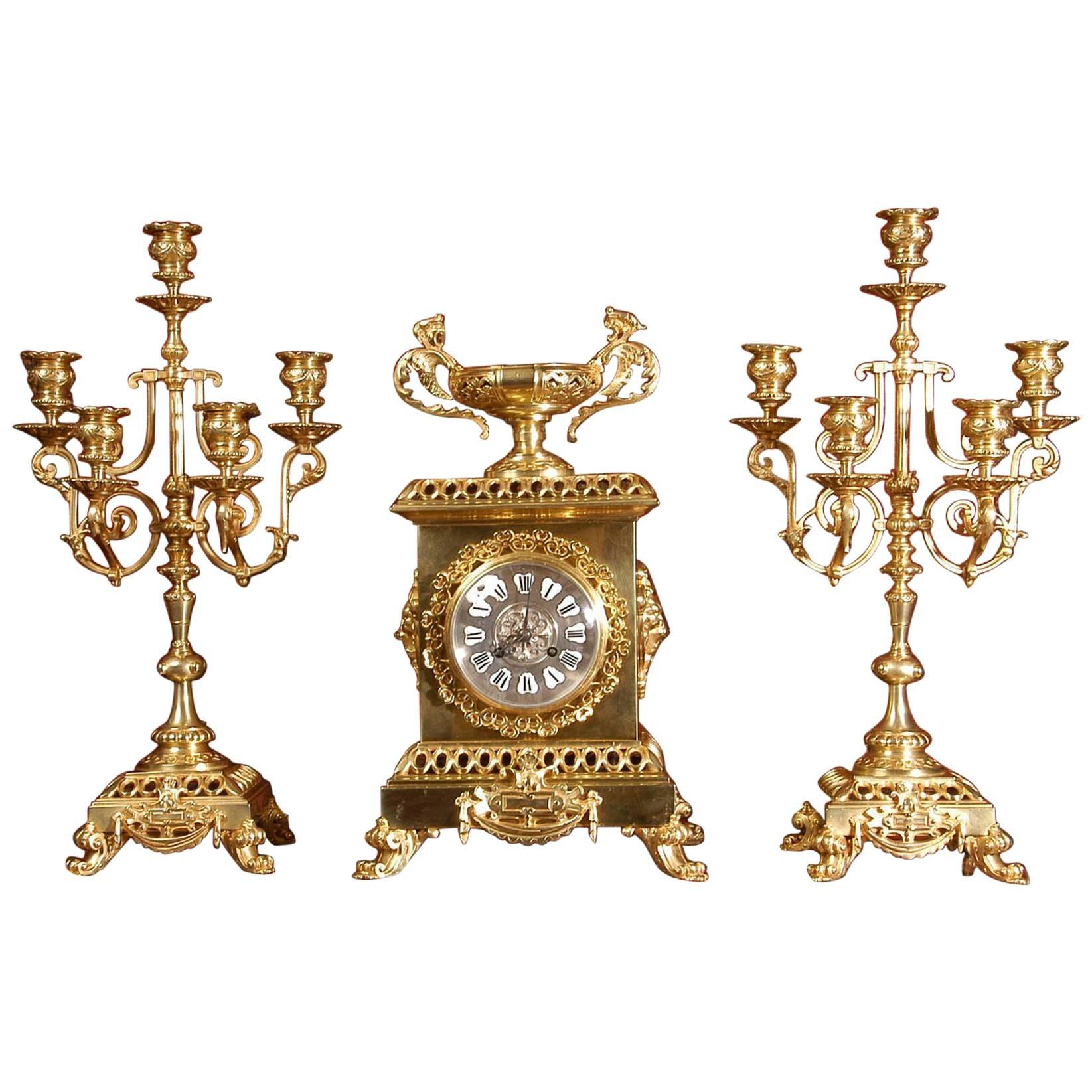 Compagnie Des Bronzes Large and Stunning Classical Gilt Bronze Clock Set