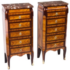 19th Century Pair of French Kingwood & Rouge Marble-Top Bedside Chests Cabinets