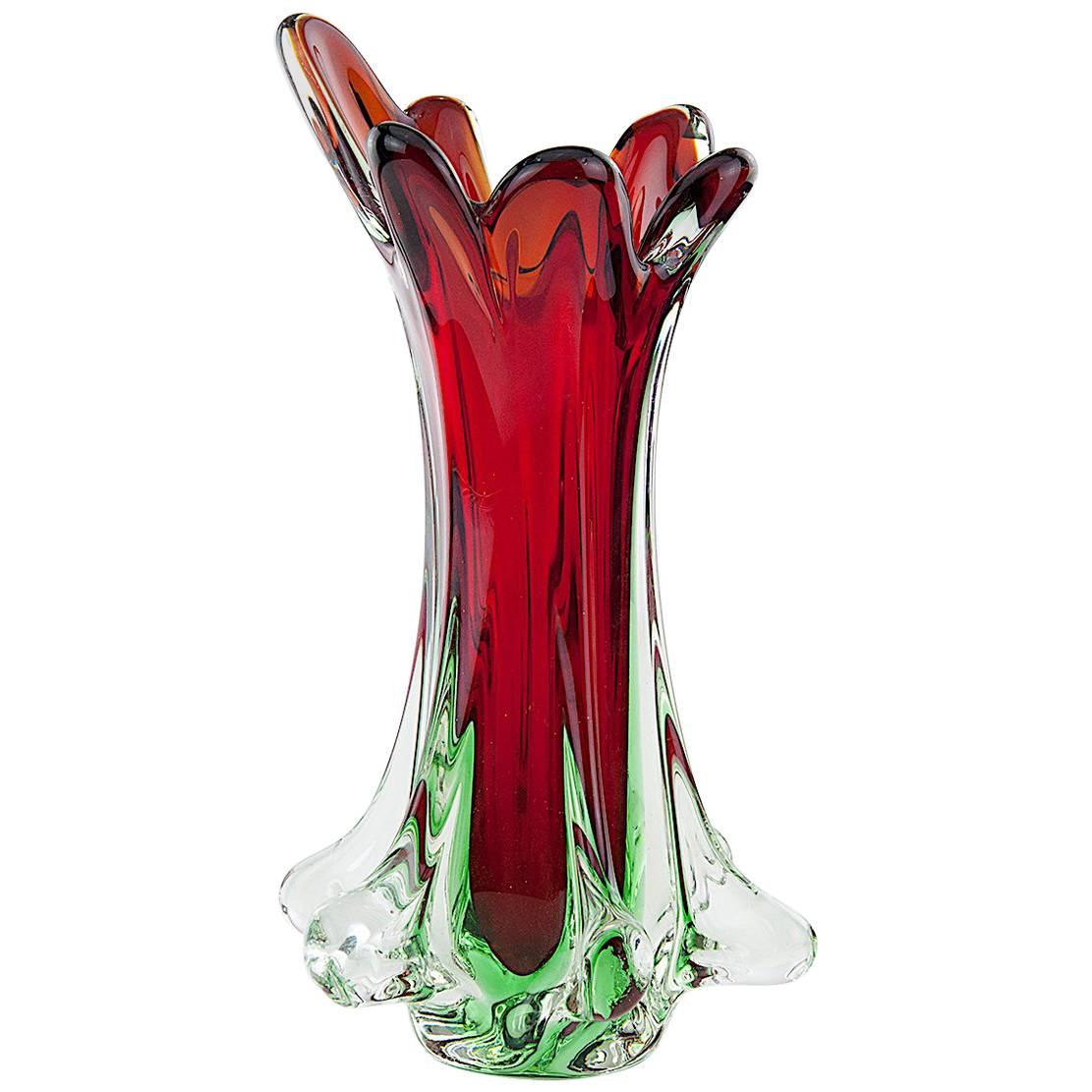 Italian Midcentury Green Murano Glass Vase Signed Flavio Poli