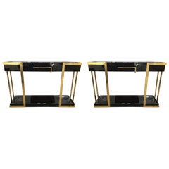 Pair of  Italian Lacquered Console Tables on Brass Frame