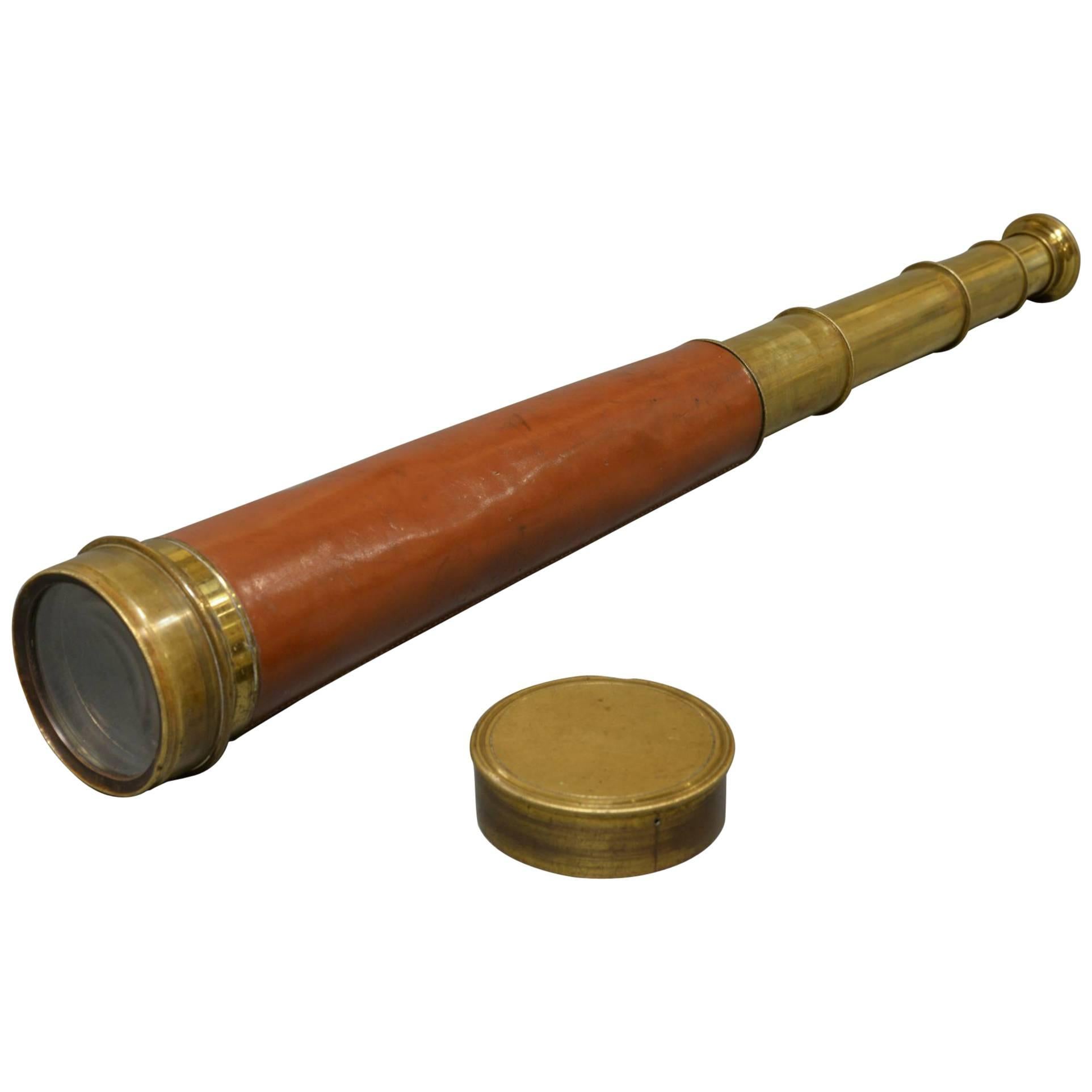 Large Leather Bound Brass Four-Draw Telescope