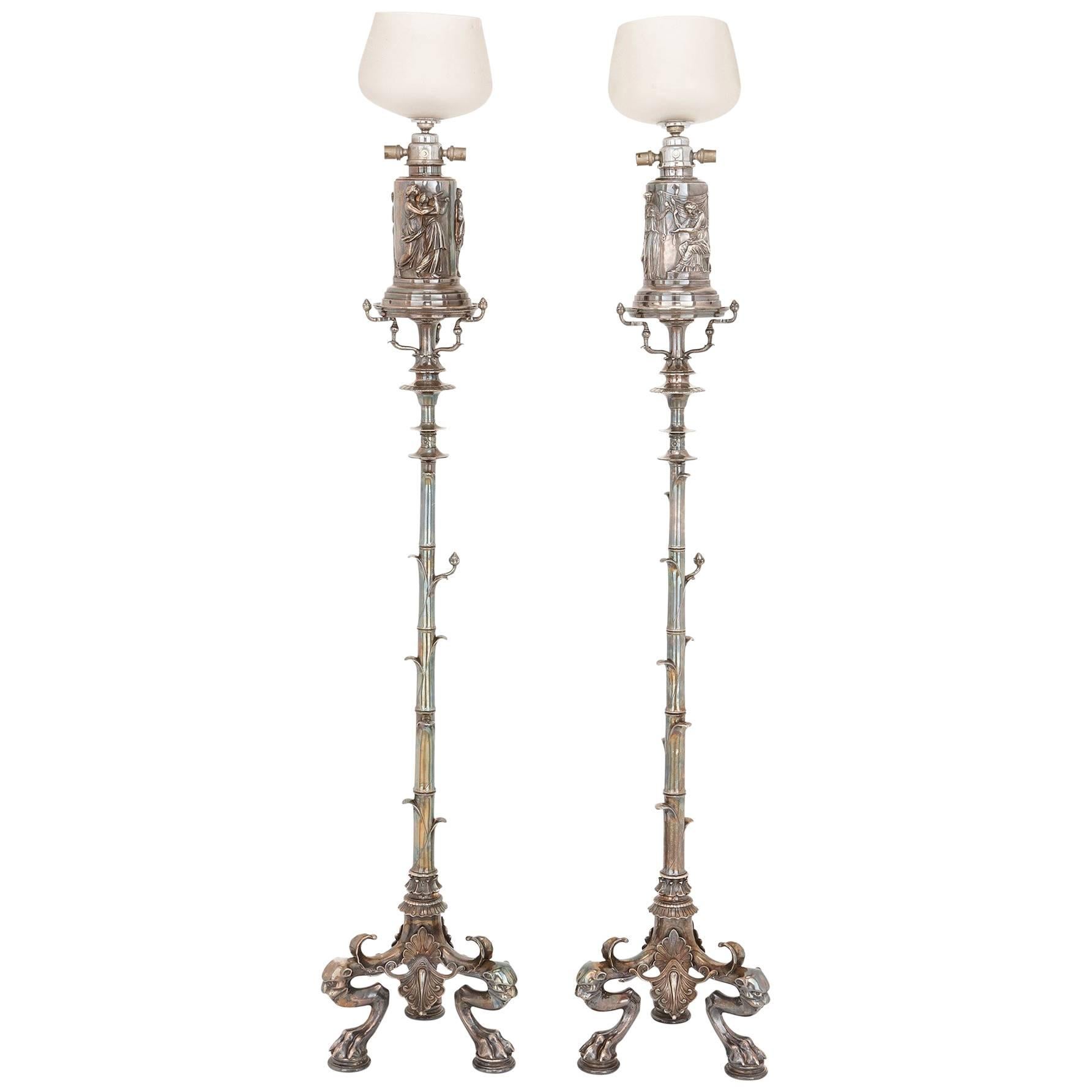 Pair of Silvered Bronze Large Antique Floor Lamps, Attributed to Barbedienne