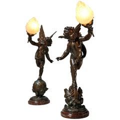 Pair of French Spelter & Marble Table Lamps Modeled as Winged Cherubs circa 1915