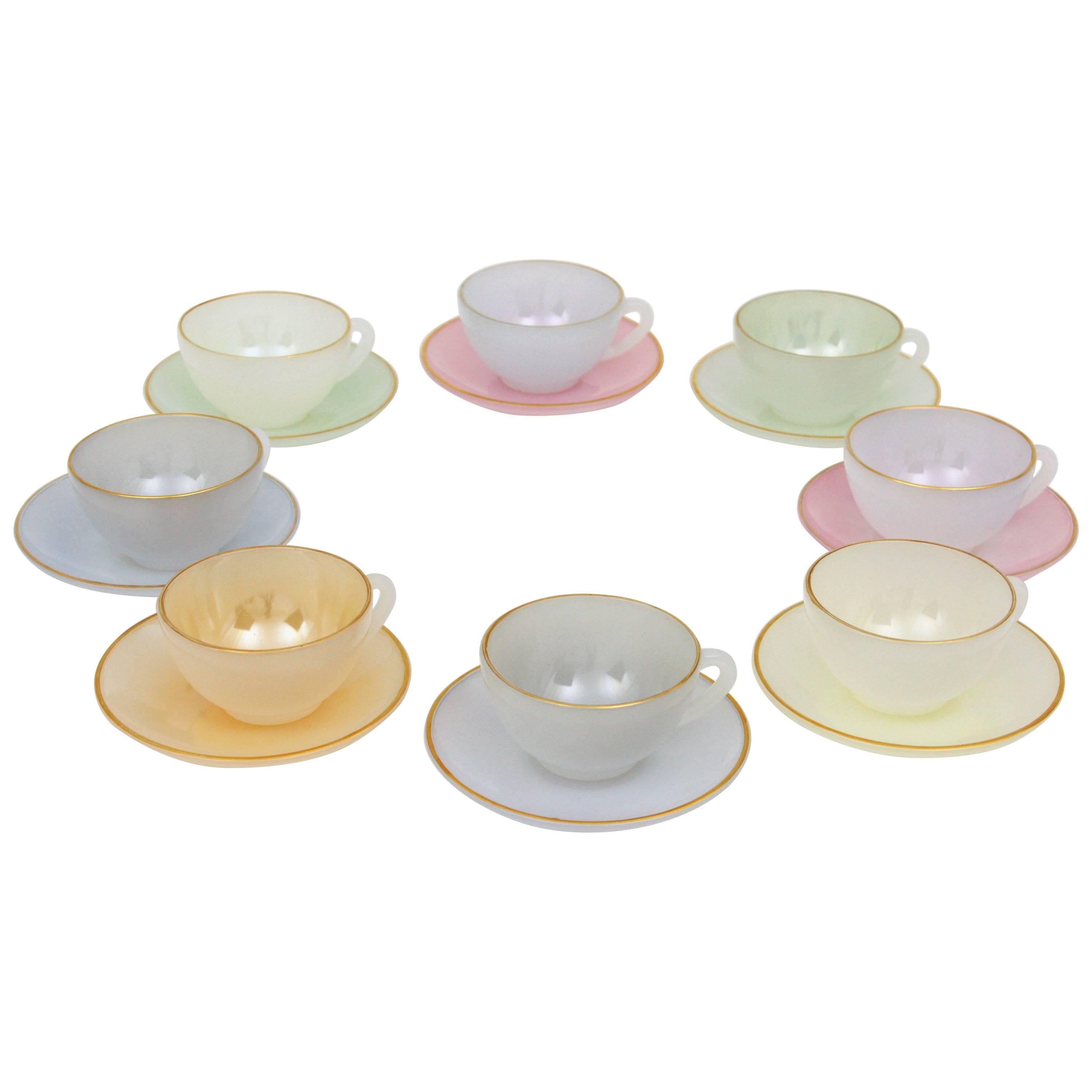 Vintage Set of Eight Opalescent Pastel Colors and Gold Coffee Cups, France 1960s