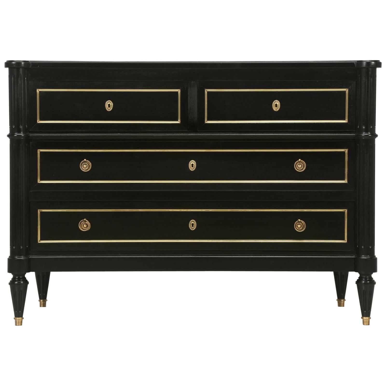 Jansen Inspired Black Louis XVI Style French Commode, or Chest of Drawers