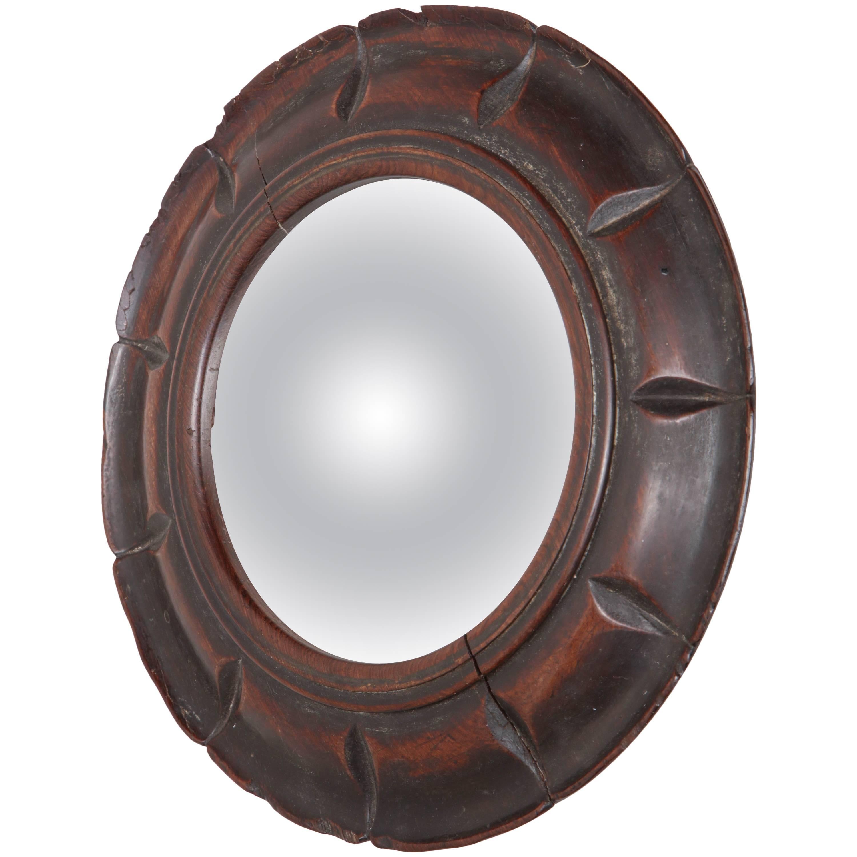 19th Century English, Convex Mirror in a Carved Wooden Frame For Sale