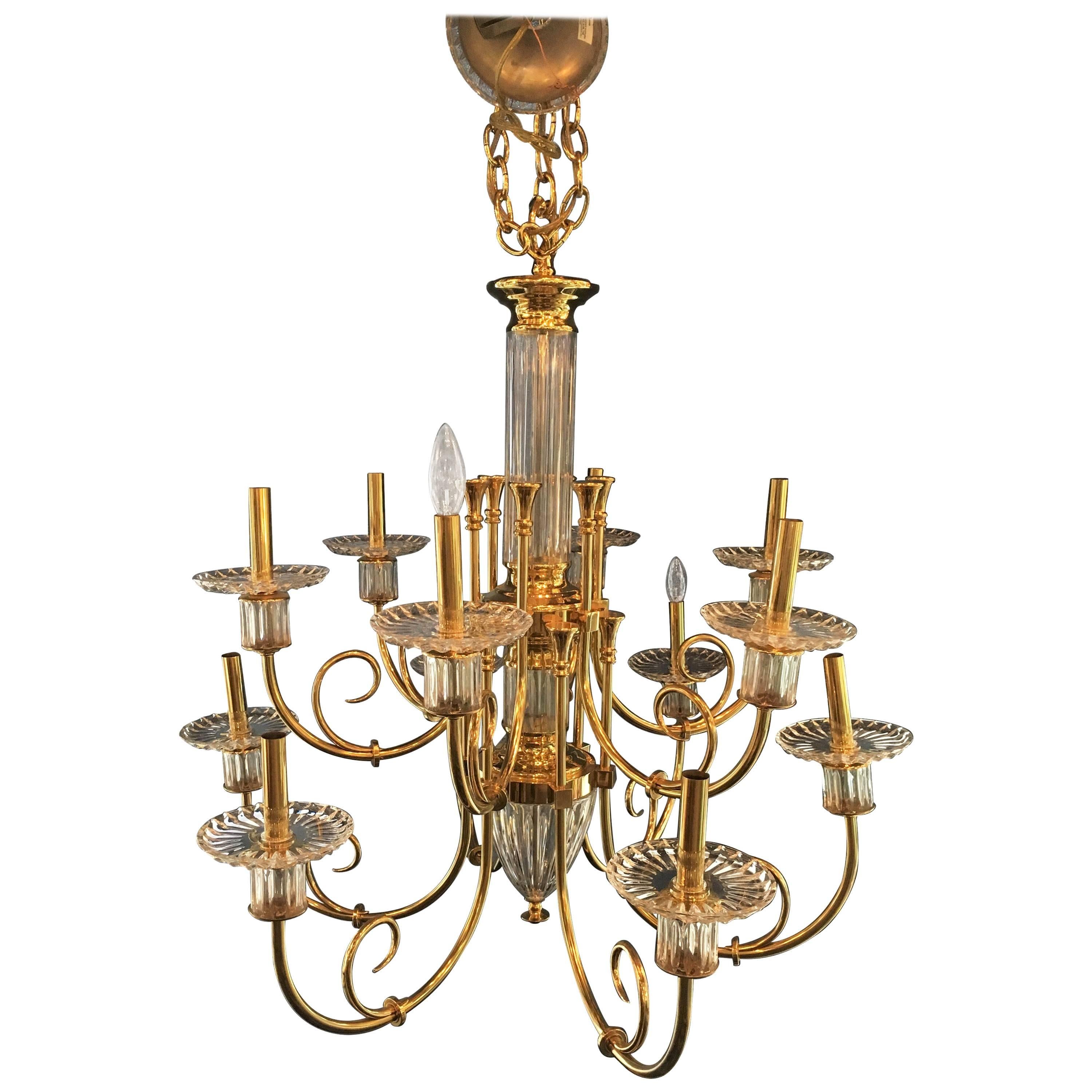 Custom 12-Light Bronze and Cut Crystal Chandelier with Chain and Crystal Canopy