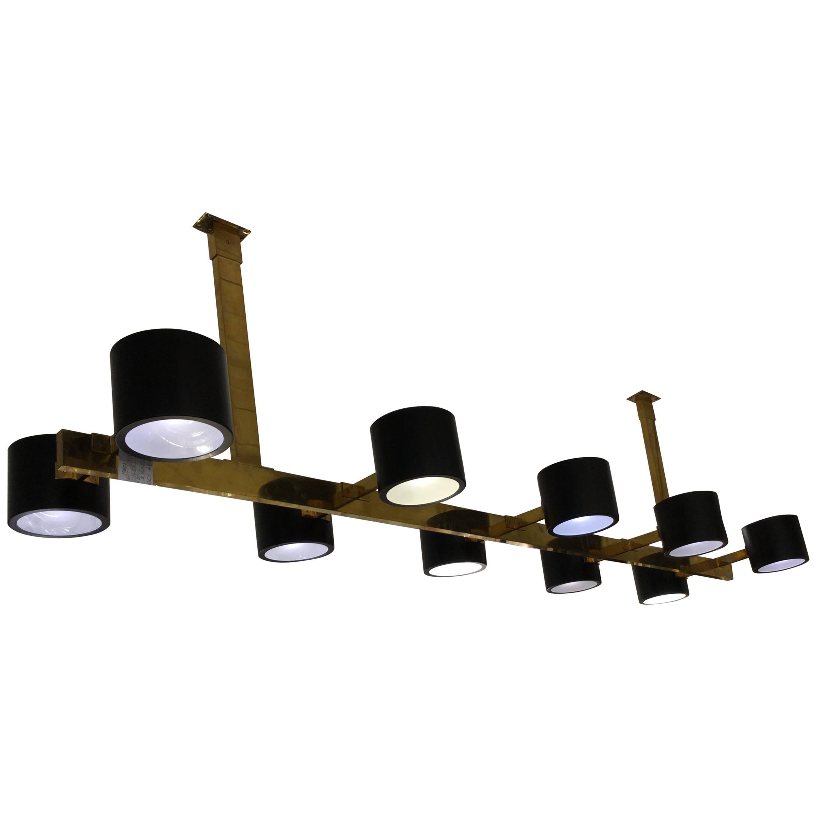 Italian Oversized Modernist Design Light Fixture with Ten Shades in Brass