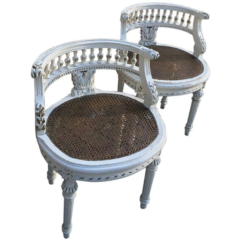 Pair of 19th Century, French Hand-Carved Louis XVI Painted Vanity Benches