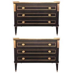 Hollywood Regency Jansen Style Pair of Ebony Marble Top Bronze Mounted Commodes