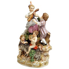 Antique Meissen Bucolic Festival Figurines Cherubs Couple Musicians Acier C 59 Made 1850