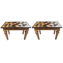 Pair of Parcel Gilt and Paint Decorated Checkerboard Marble-Top Consoles