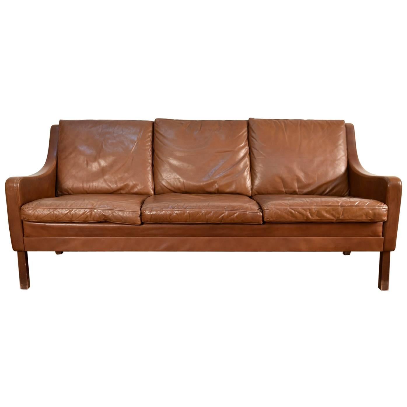 Danish Midcentury Børge Mogensen Style Leather Three-Seat Sofa
