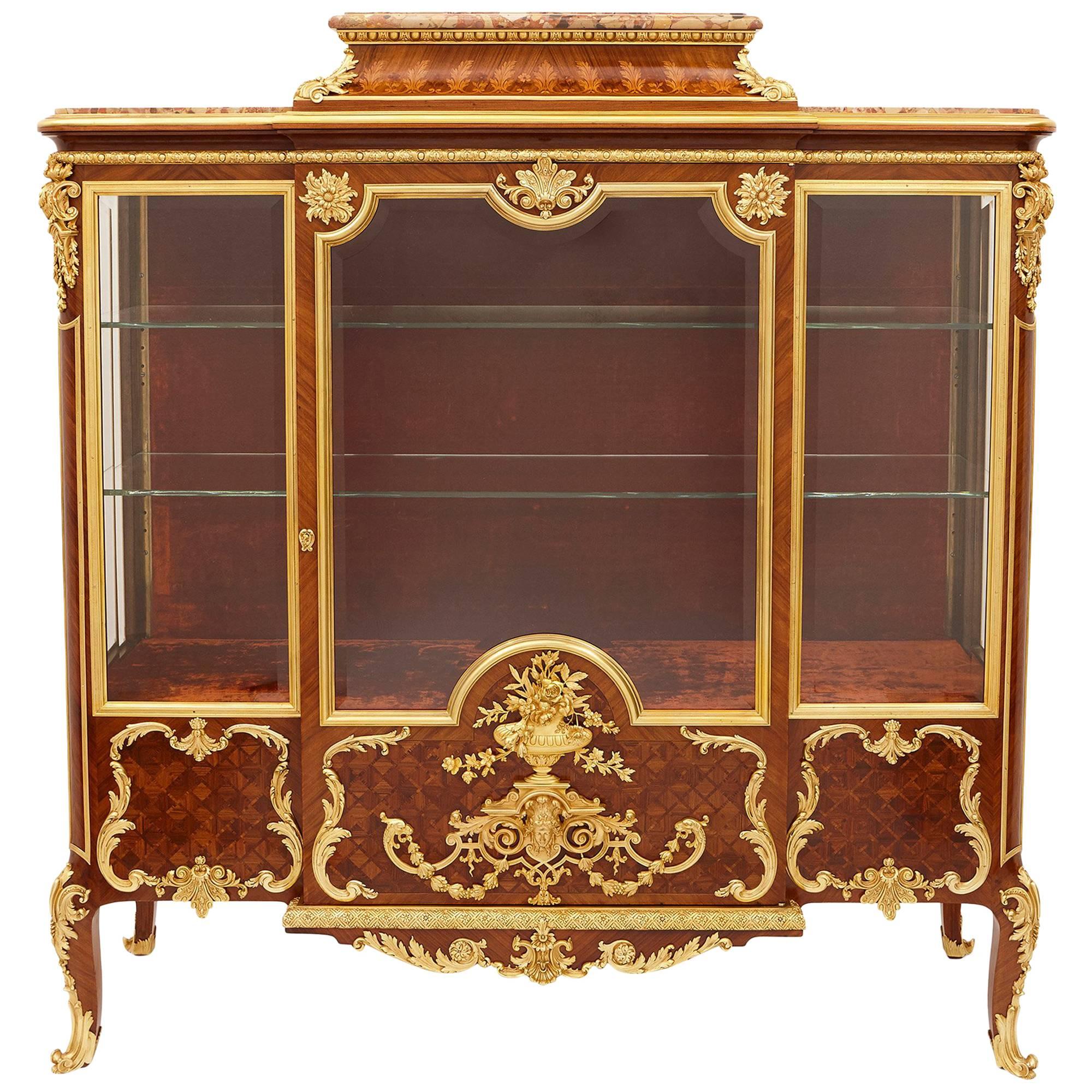 French Ormolu-Mounted Mahogany, Kingwood, Marquetry and Parquetry Vitrine