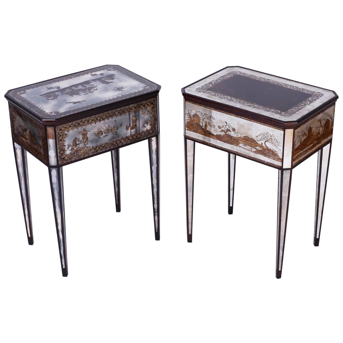 Pair of Italian Mirrored Nightstands or End Tables with a Chinoiserie Motif