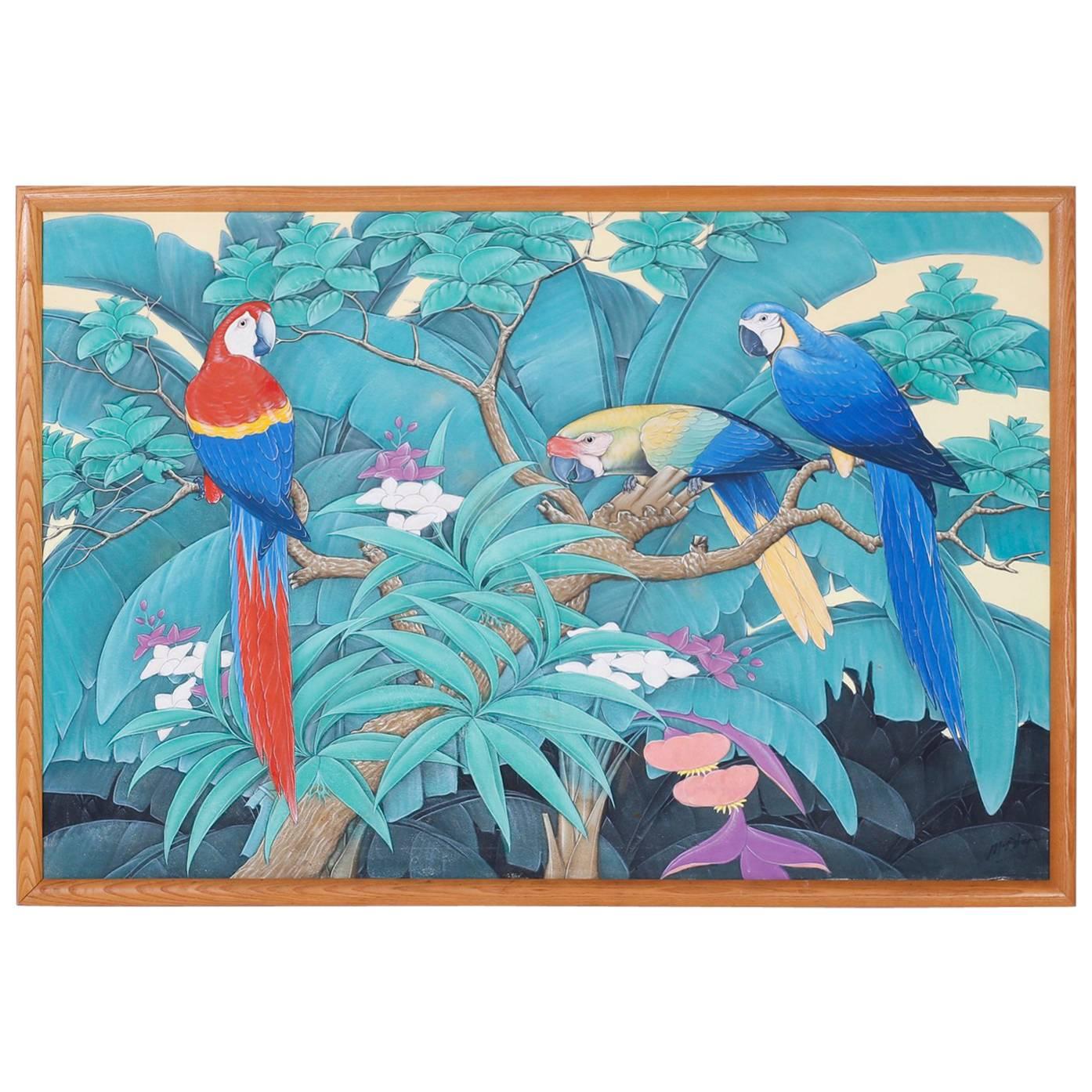Midcentury Tropical Parrot Acrylic Painting
